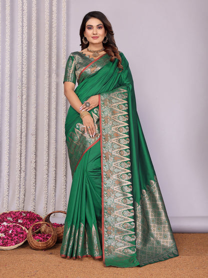 Elora Pine Green Soft Silk Plain Zari Jacquard Weaving Banarasi Saree With Zari Weaving Border