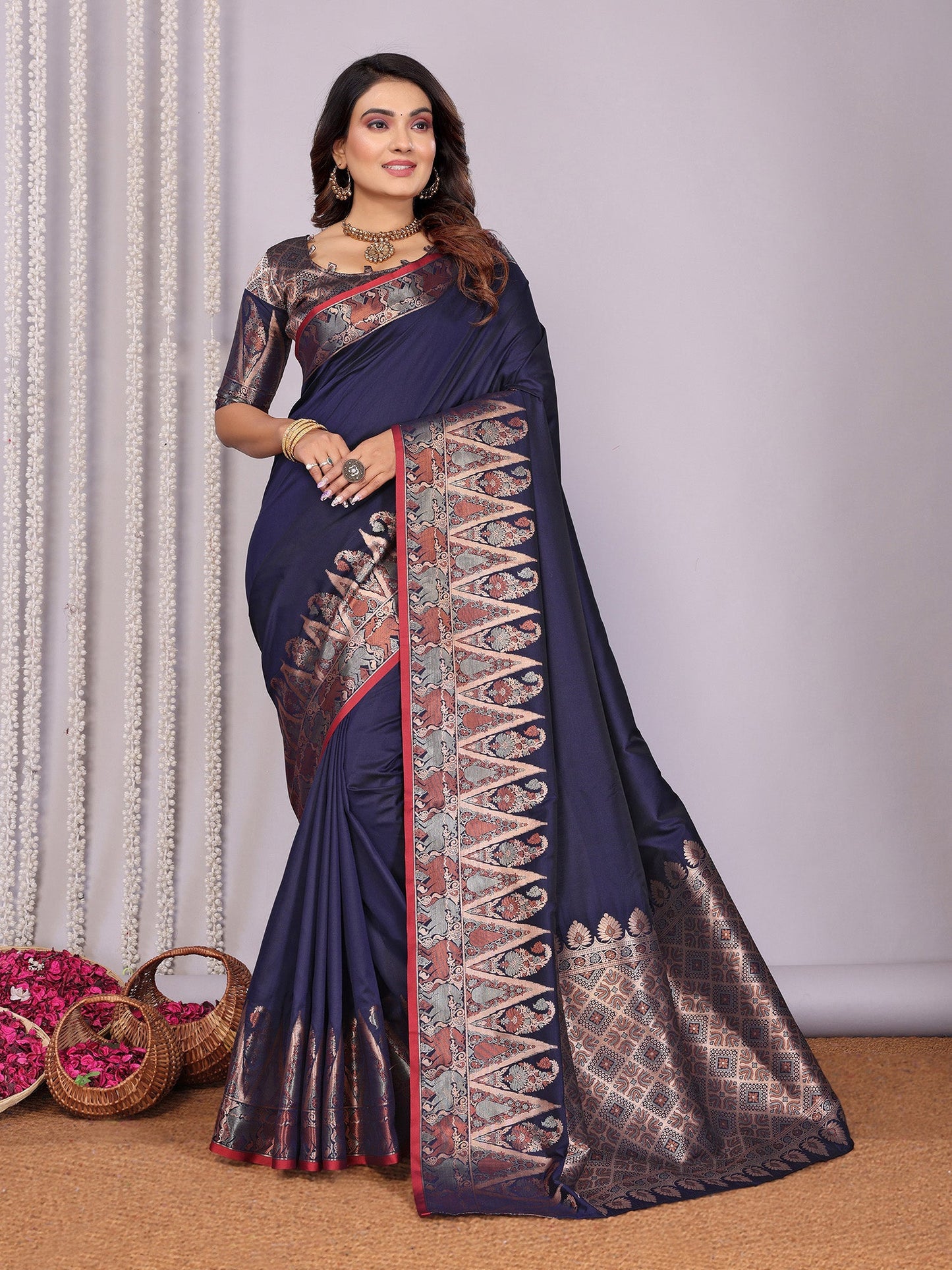Elora Navy Blue Soft Silk Plain Zari Jacquard Weaving Banarasi Saree With Zari Weaving Border