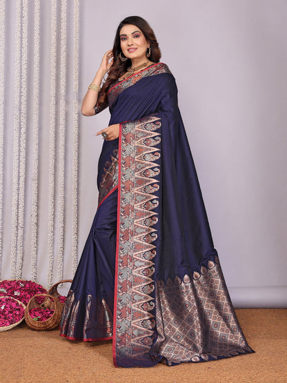 Elora Navy Blue Soft Silk Plain Zari Jacquard Weaving Banarasi Saree With Zari Weaving Border