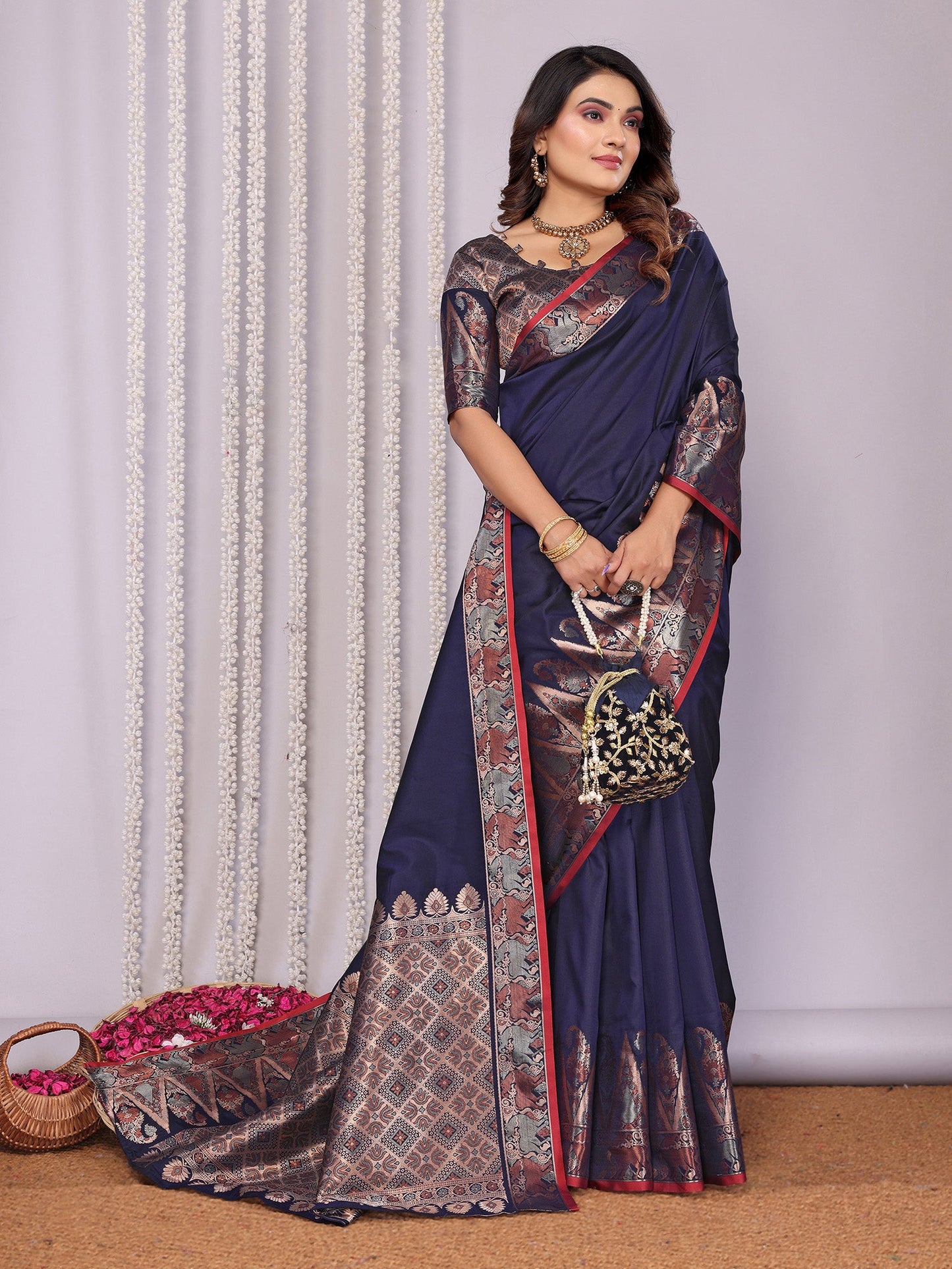 Elora Navy Blue Soft Silk Plain Zari Jacquard Weaving Banarasi Saree With Zari Weaving Border