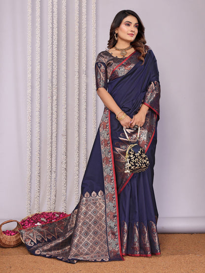 Elora Navy Blue Soft Silk Plain Zari Jacquard Weaving Banarasi Saree With Zari Weaving Border