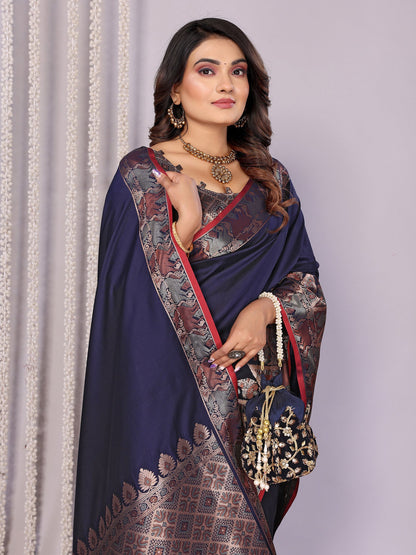 Elora Navy Blue Soft Silk Plain Zari Jacquard Weaving Banarasi Saree With Zari Weaving Border