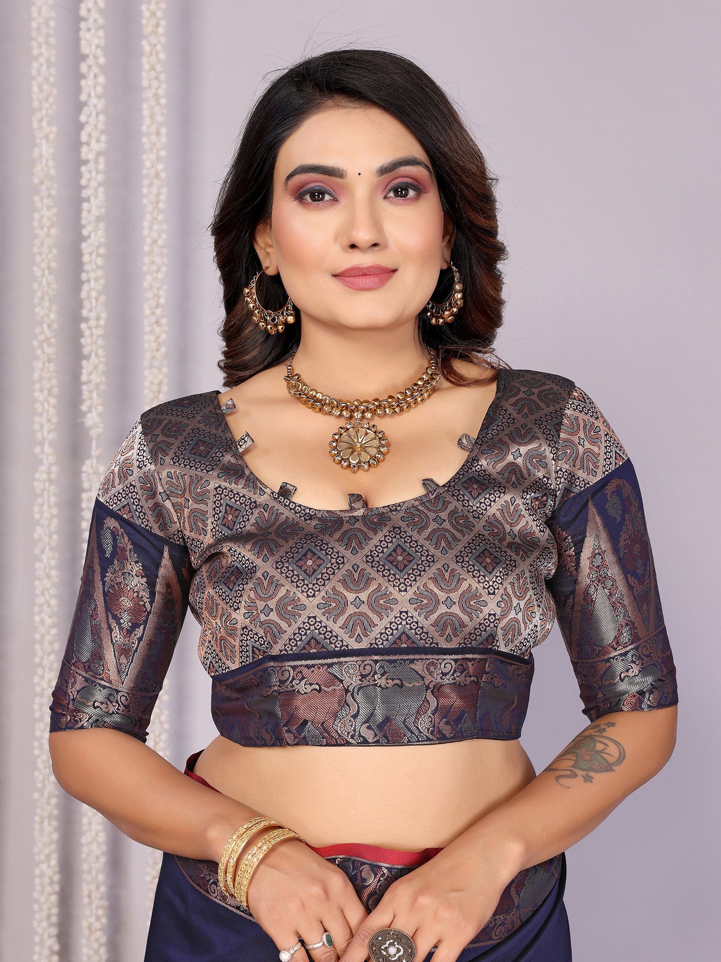 Elora Navy Blue Soft Silk Plain Zari Jacquard Weaving Banarasi Saree With Zari Weaving Border