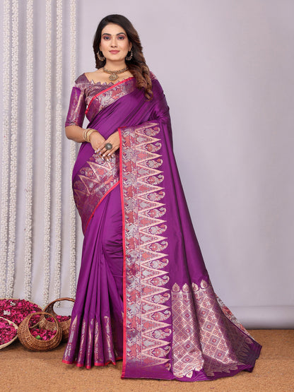 Elora Purple Soft Silk Plain Zari Jacquard Weaving Banarasi Saree With Zari Weaving Border