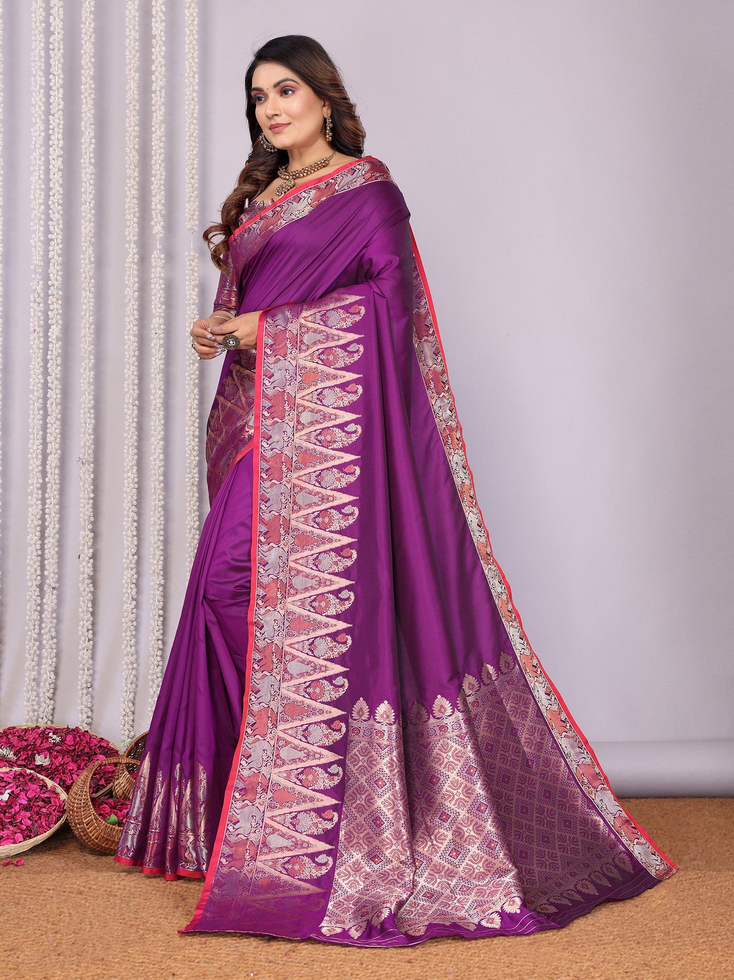Elora Purple Soft Silk Plain Zari Jacquard Weaving Banarasi Saree With Zari Weaving Border