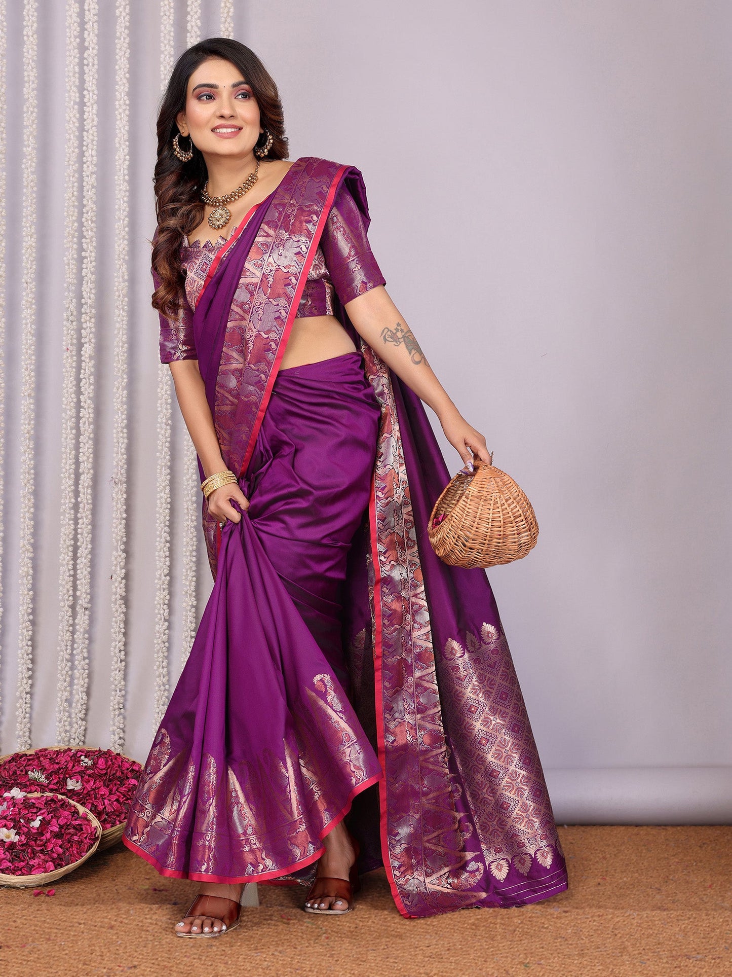 Elora Purple Soft Silk Plain Zari Jacquard Weaving Banarasi Saree With Zari Weaving Border