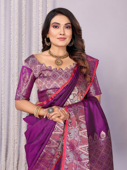 Elora Purple Soft Silk Plain Zari Jacquard Weaving Banarasi Saree With Zari Weaving Border