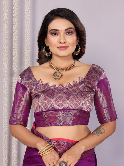 Elora Purple Soft Silk Plain Zari Jacquard Weaving Banarasi Saree With Zari Weaving Border