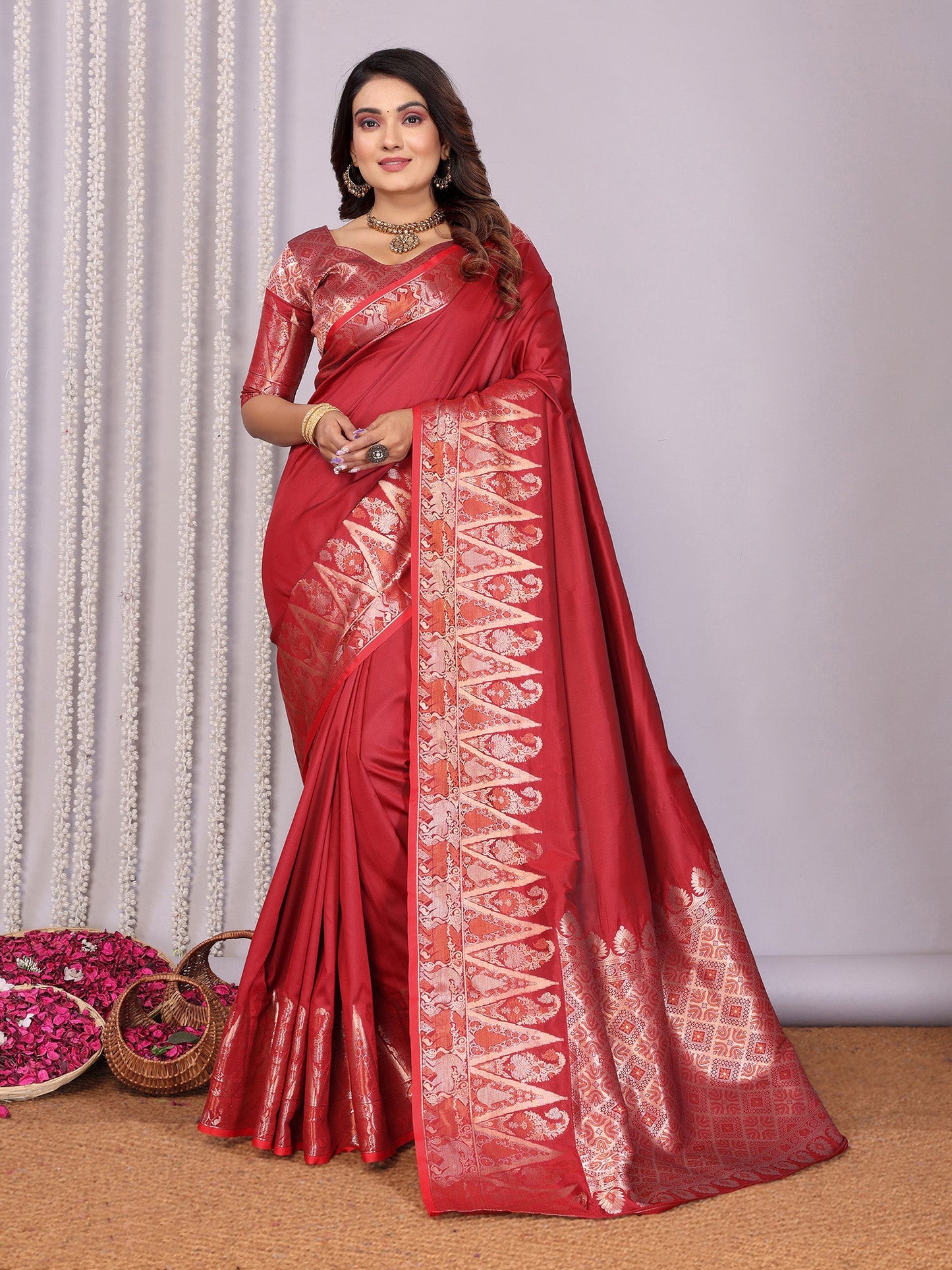 Elora Red Soft Silk Plain Zari Jacquard Weaving Banarasi Saree With Zari Weaving Border