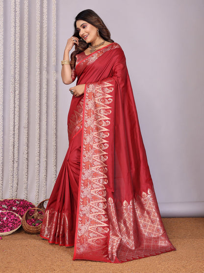 Elora Red Soft Silk Plain Zari Jacquard Weaving Banarasi Saree With Zari Weaving Border