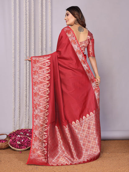 Elora Red Soft Silk Plain Zari Jacquard Weaving Banarasi Saree With Zari Weaving Border
