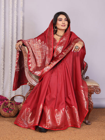 Elora Red Soft Silk Plain Zari Jacquard Weaving Banarasi Saree With Zari Weaving Border