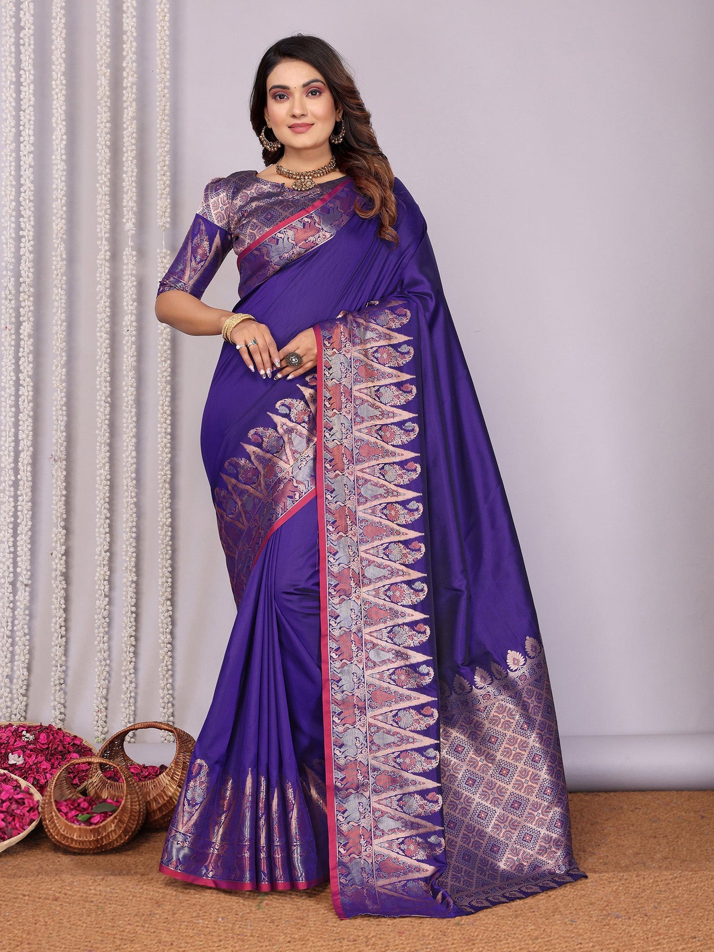 Elora Royal Blue Soft Silk Plain Zari Jacquard Weaving Banarasi Saree With Zari Weaving Border