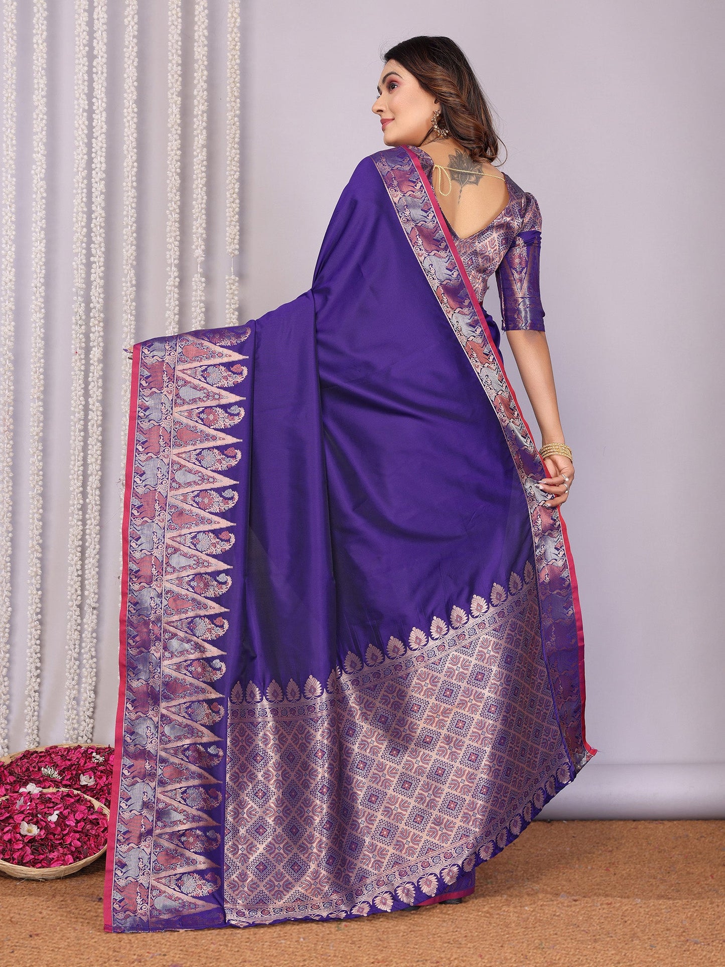 Elora Royal Blue Soft Silk Plain Zari Jacquard Weaving Banarasi Saree With Zari Weaving Border