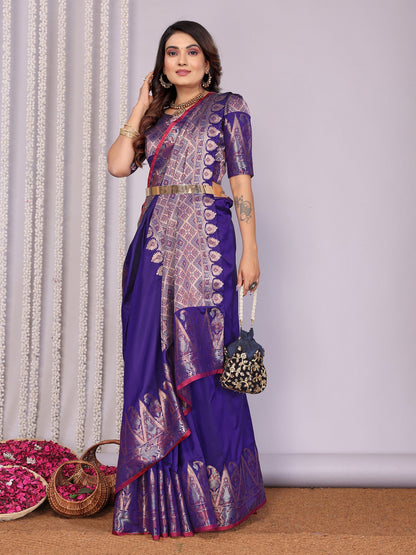 Elora Royal Blue Soft Silk Plain Zari Jacquard Weaving Banarasi Saree With Zari Weaving Border