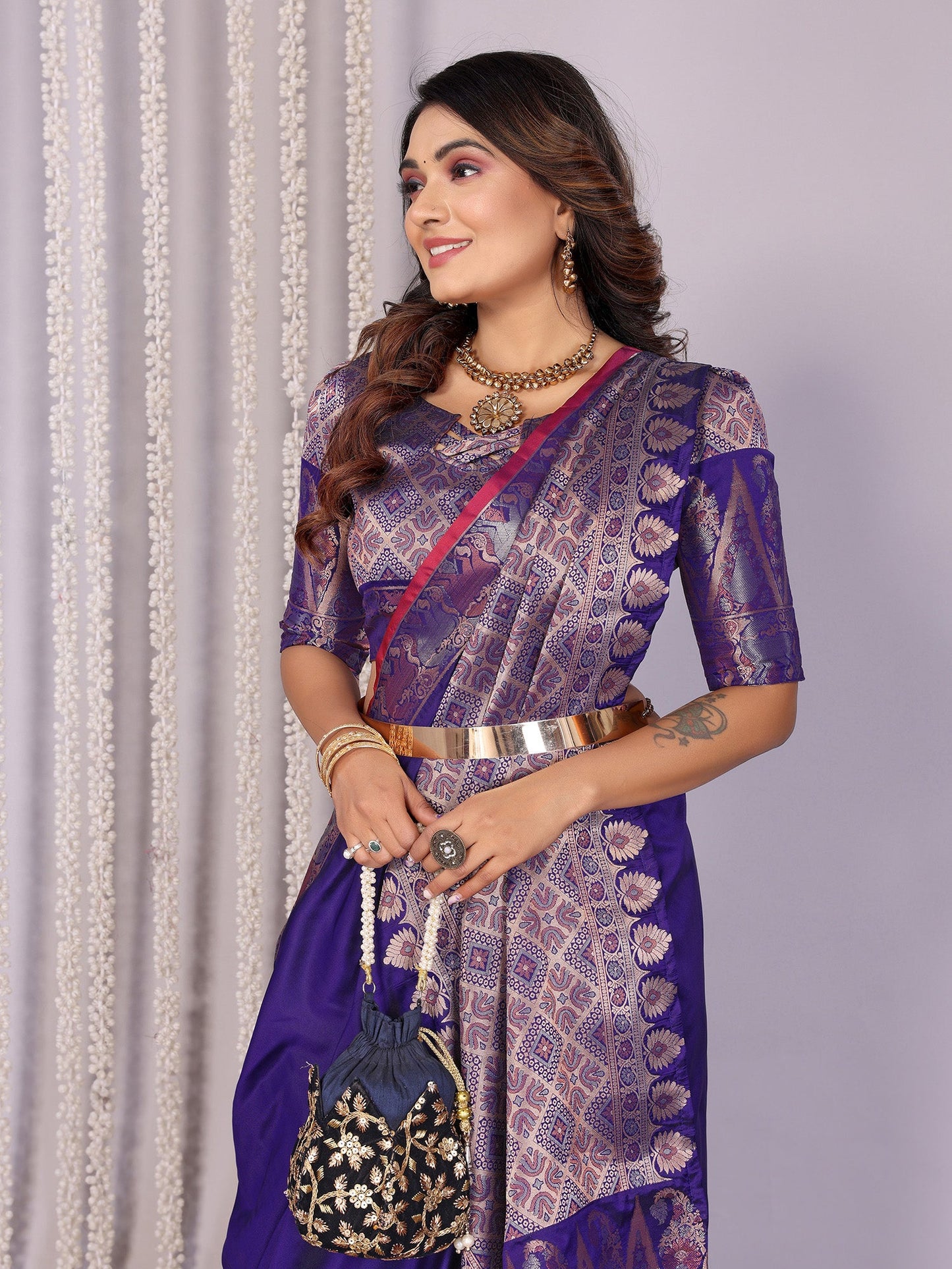 Elora Royal Blue Soft Silk Plain Zari Jacquard Weaving Banarasi Saree With Zari Weaving Border