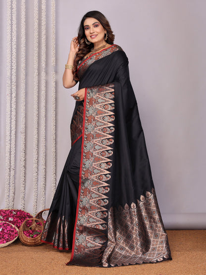 Elora Black Soft Silk Plain Zari Jacquard Weaving Banarasi Saree With Zari Weaving Border