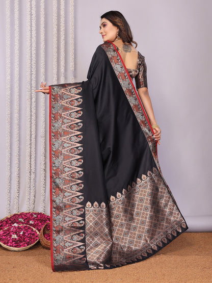 Elora Black Soft Silk Plain Zari Jacquard Weaving Banarasi Saree With Zari Weaving Border