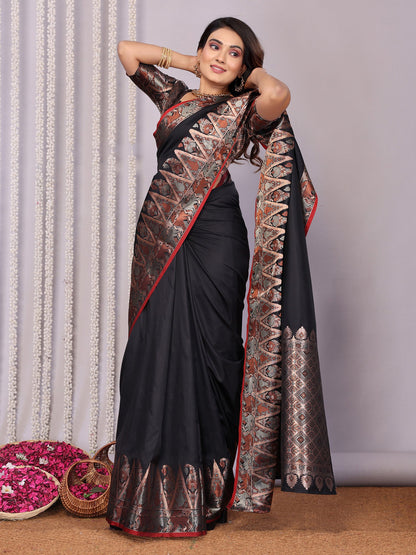 Elora Black Soft Silk Plain Zari Jacquard Weaving Banarasi Saree With Zari Weaving Border