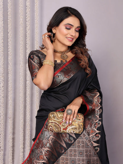Elora Black Soft Silk Plain Zari Jacquard Weaving Banarasi Saree With Zari Weaving Border