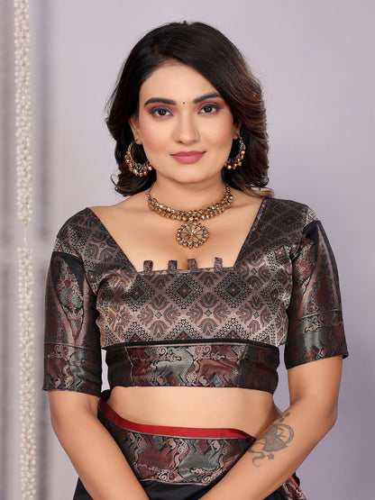 Elora Black Soft Silk Plain Zari Jacquard Weaving Banarasi Saree With Zari Weaving Border