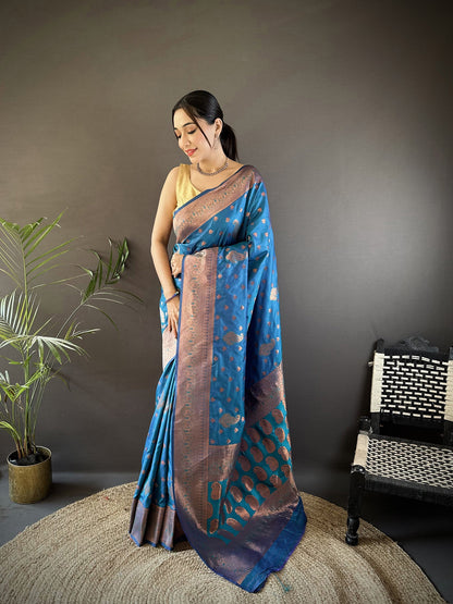 Elora Royal Blue Soft Silk Woven Copper Zari Weaving Banarasi Saree With Contrast Blouse