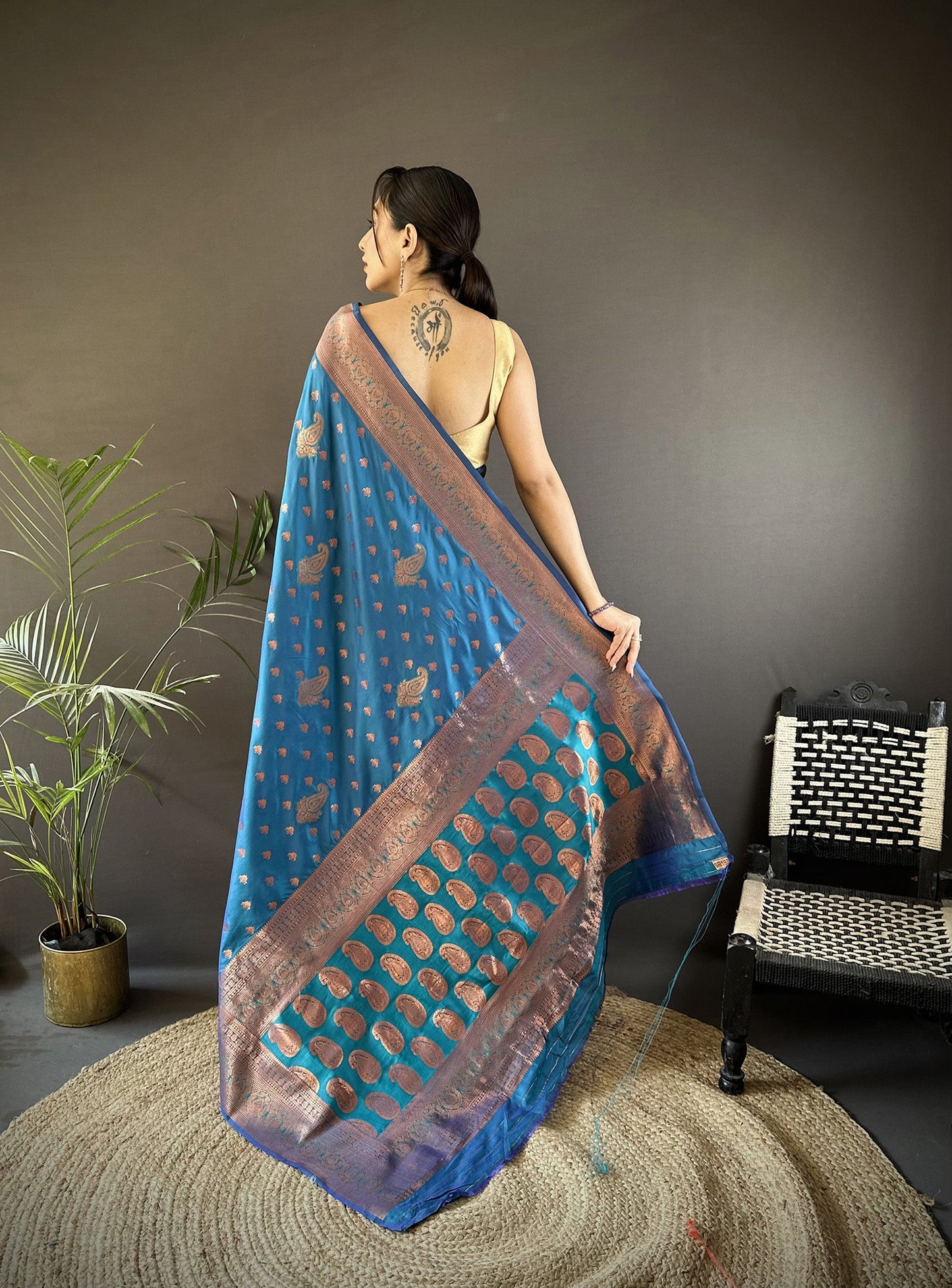 Elora Royal Blue Soft Silk Woven Copper Zari Weaving Banarasi Saree With Contrast Blouse