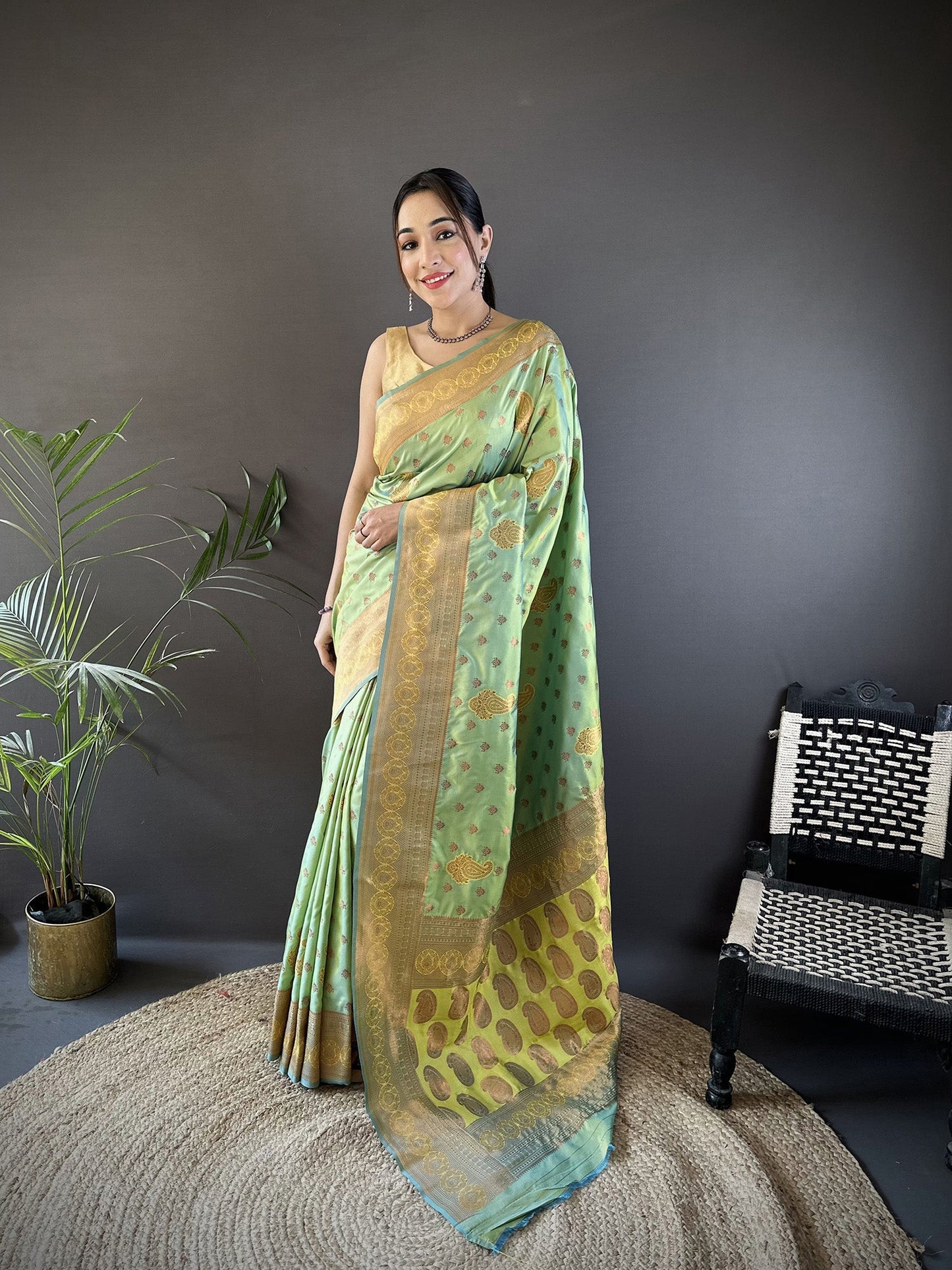 Elora Light Green Soft Silk Woven Copper Zari Weaving Banarasi Saree With Contrast Blouse