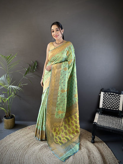 Elora Light Green Soft Silk Woven Copper Zari Weaving Banarasi Saree With Contrast Blouse