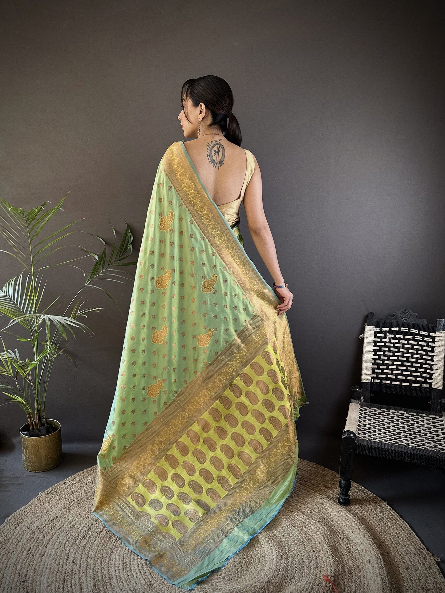 Elora Light Green Soft Silk Woven Copper Zari Weaving Banarasi Saree With Contrast Blouse