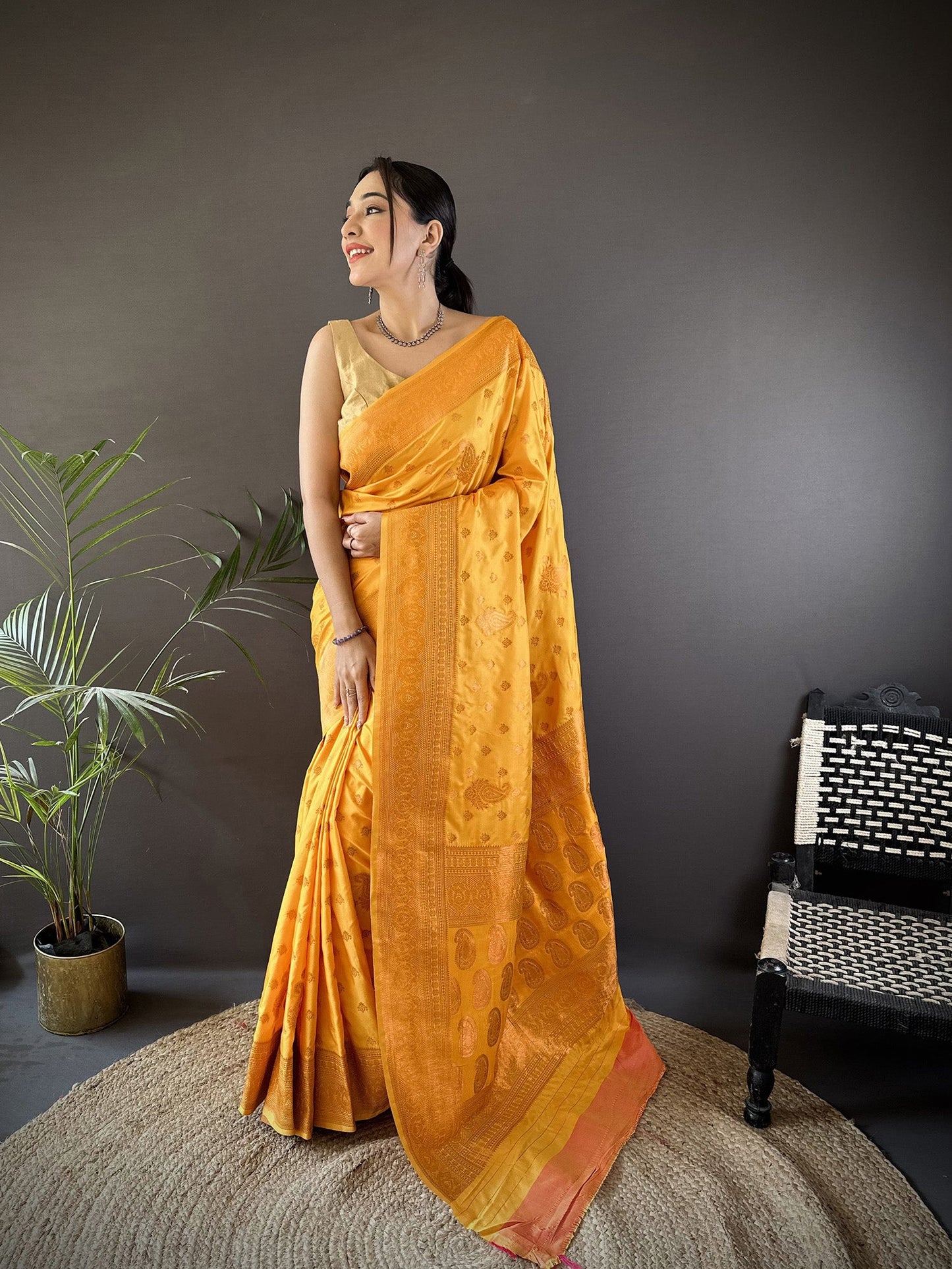 Elora Orange Soft Silk Woven Copper Zari Weaving Banarasi Saree With Contrast Blouse