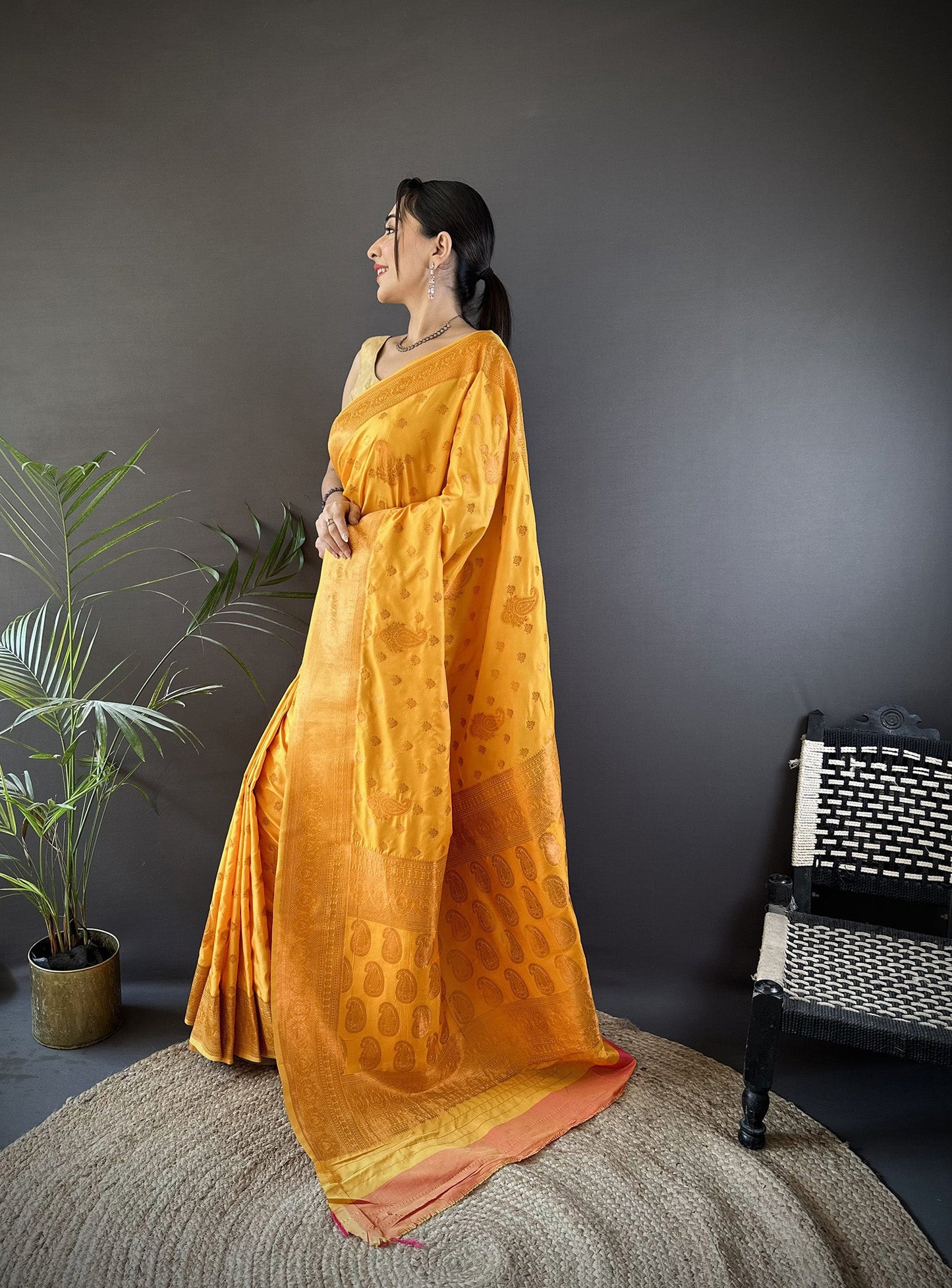 Elora Orange Soft Silk Woven Copper Zari Weaving Banarasi Saree With Contrast Blouse