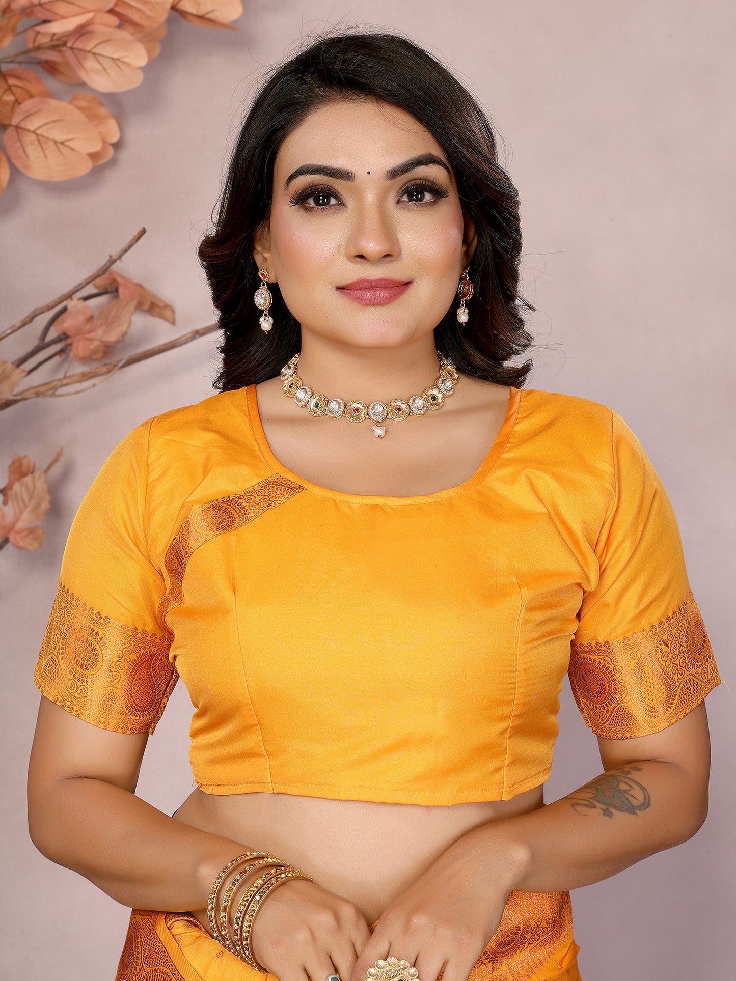 Elora Orange Soft Silk Woven Copper Zari Weaving Banarasi Saree With Contrast Blouse