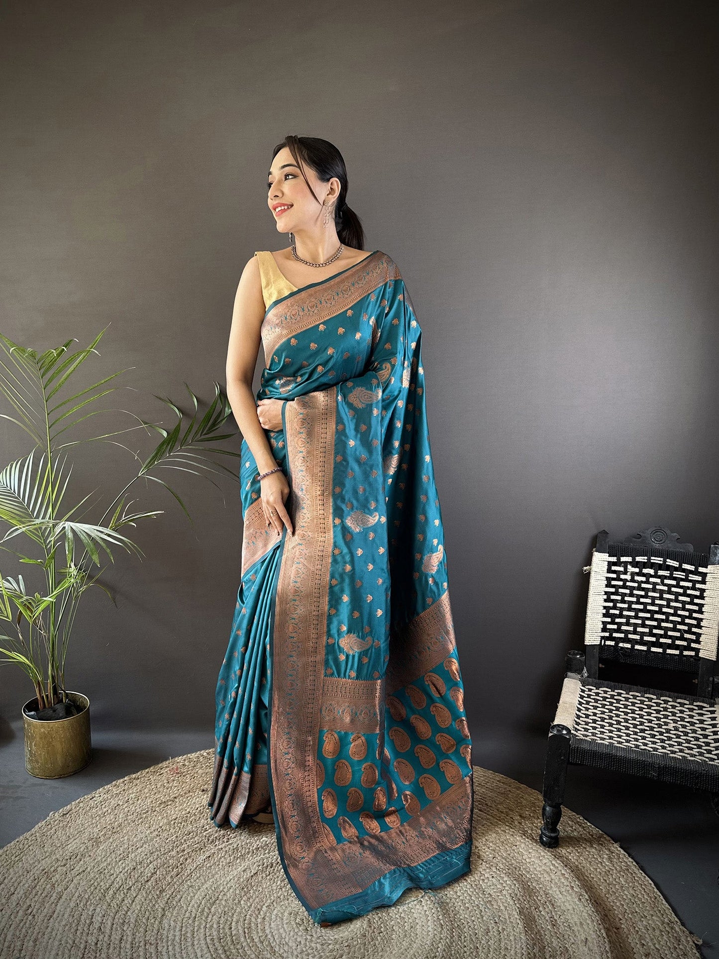 Elora Blue Soft Silk Woven Copper Zari Weaving Banarasi Saree With Contrast Blouse