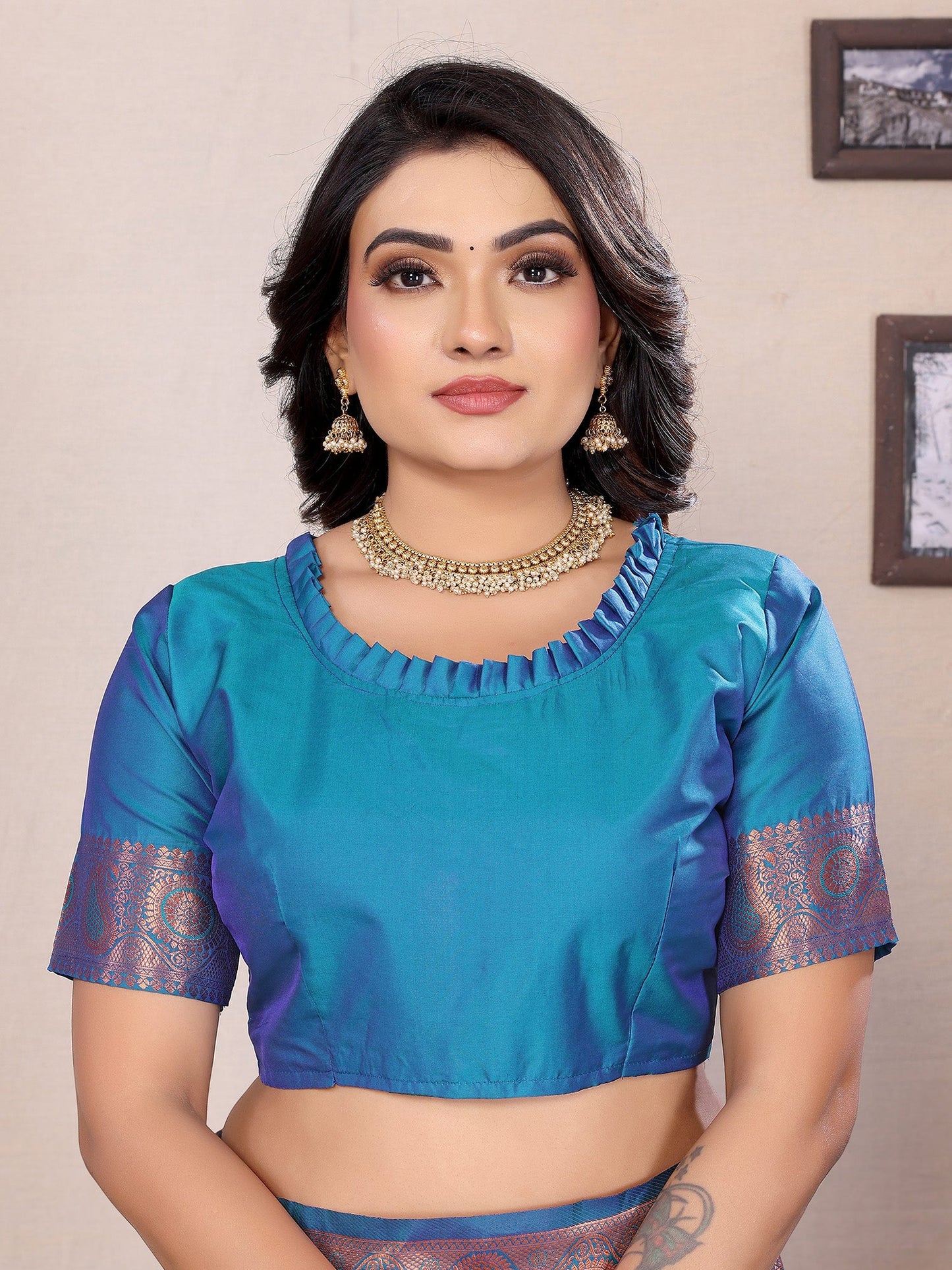Elora Blue Soft Silk Woven Copper Zari Weaving Banarasi Saree With Contrast Blouse