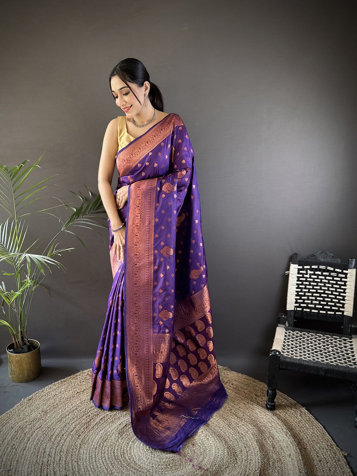 Elora Purple Soft Silk Woven Copper Zari Weaving Banarasi Saree With Contrast Blouse