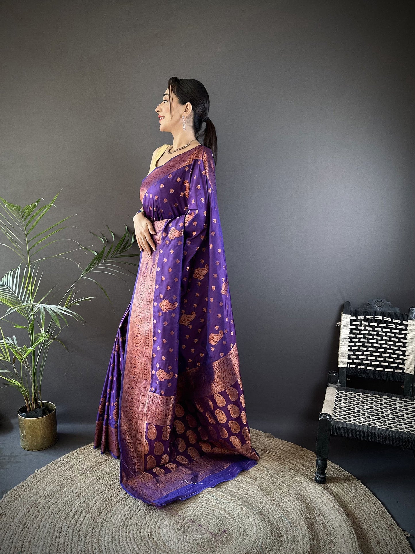 Elora Purple Soft Silk Woven Copper Zari Weaving Banarasi Saree With Contrast Blouse