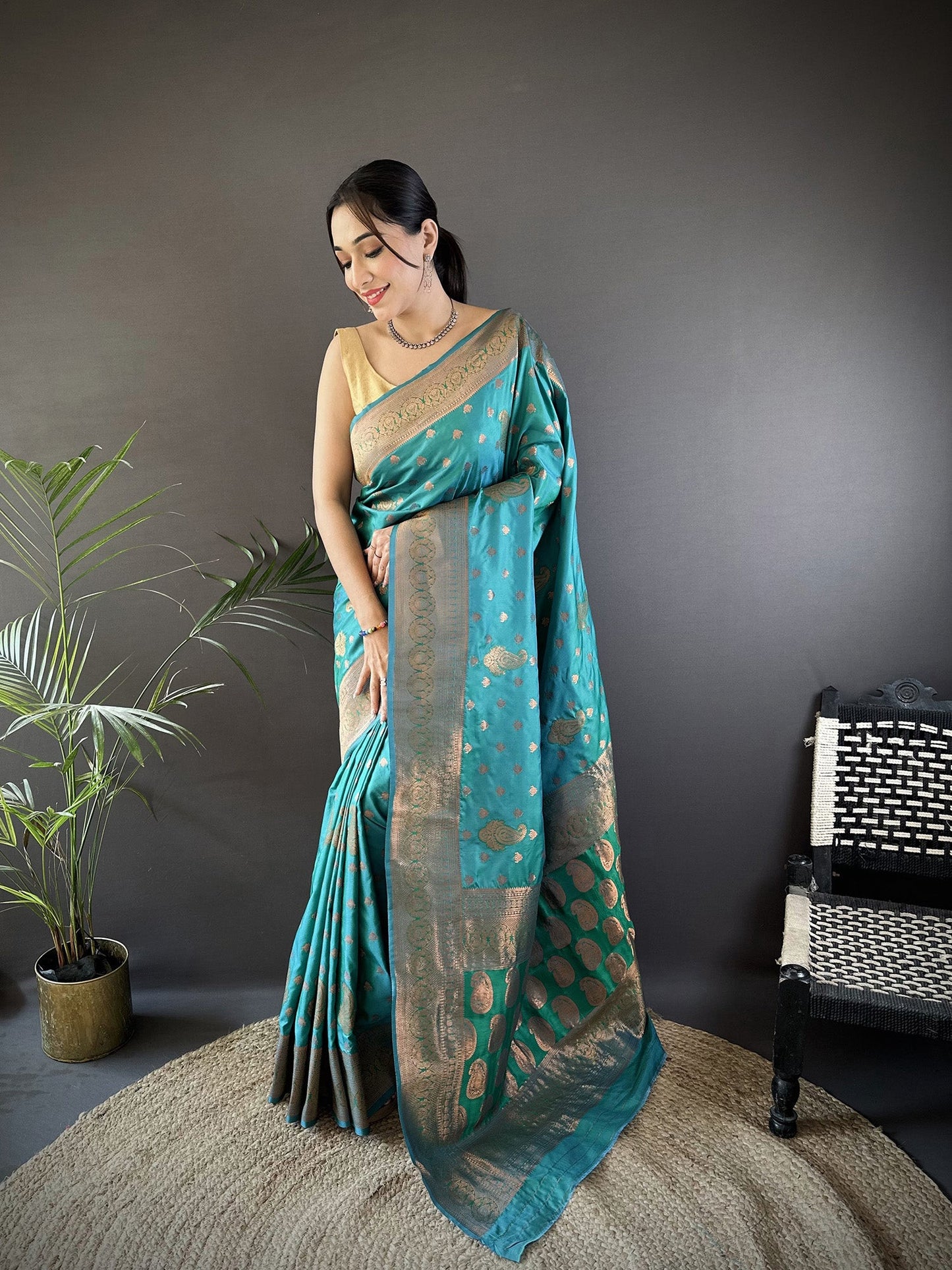 Elora Teal Green Soft Silk Woven Copper Zari Weaving Banarasi Saree With Contrast Blouse
