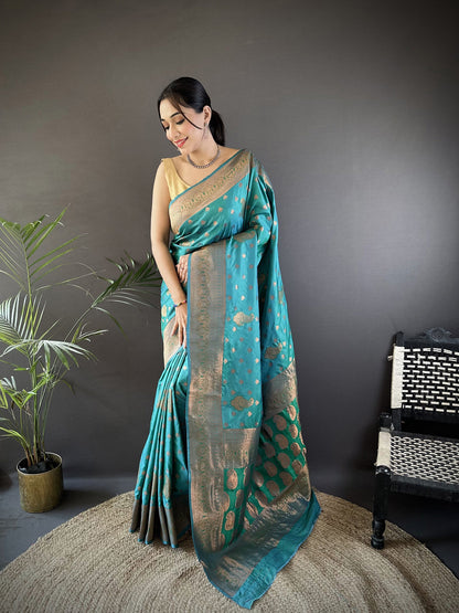 Elora Teal Green Soft Silk Woven Copper Zari Weaving Banarasi Saree With Contrast Blouse