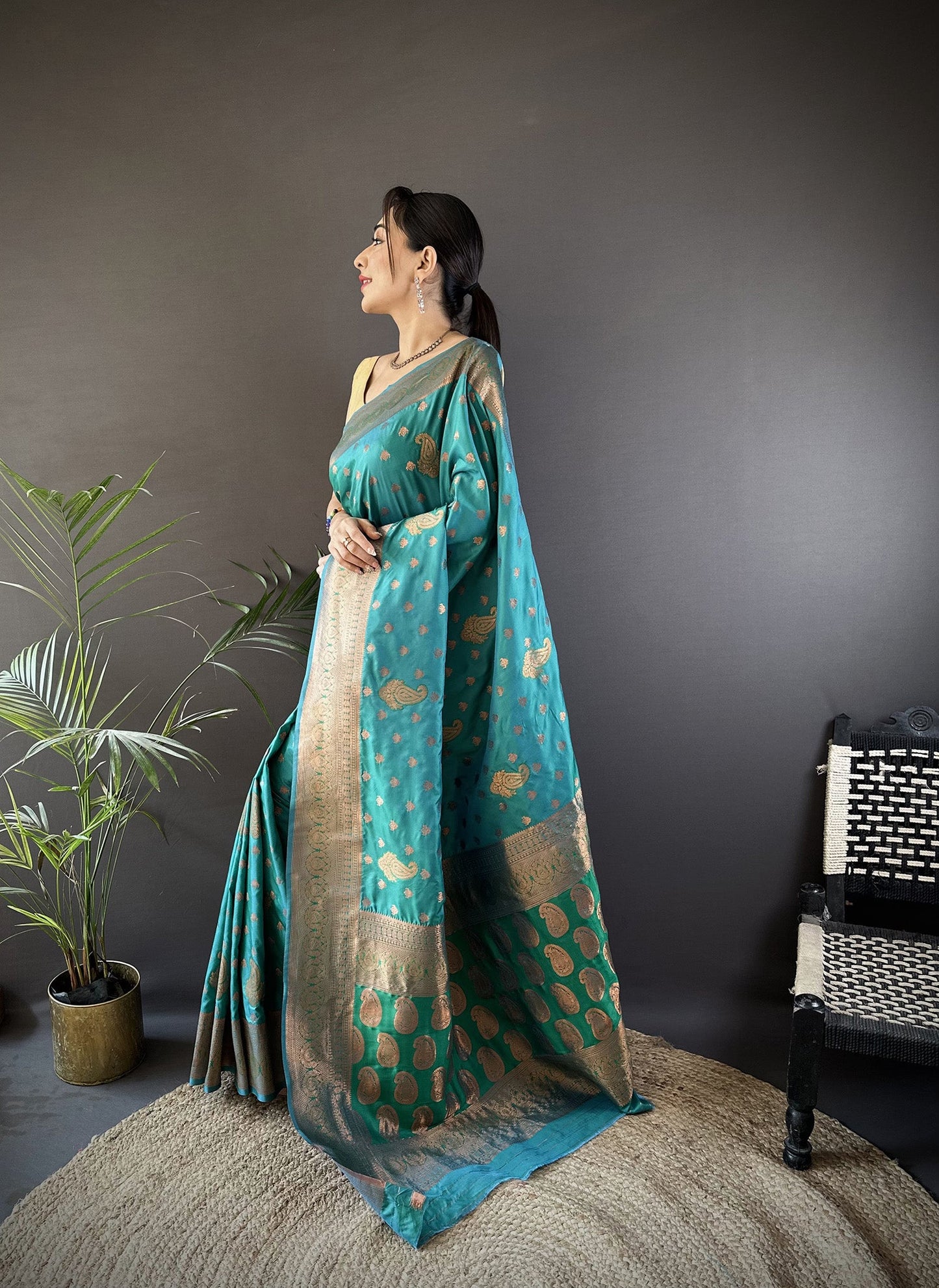 Elora Teal Green Soft Silk Woven Copper Zari Weaving Banarasi Saree With Contrast Blouse