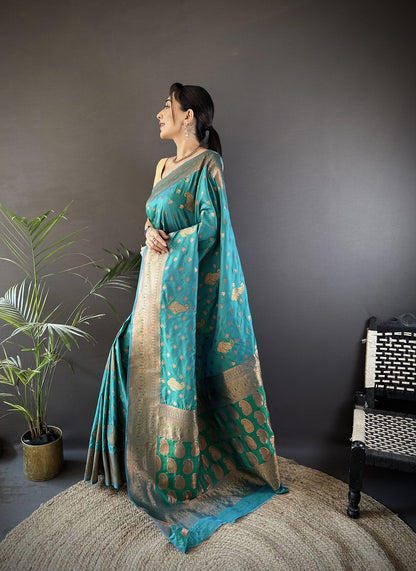 Elora Teal Green Soft Silk Woven Copper Zari Weaving Banarasi Saree With Contrast Blouse