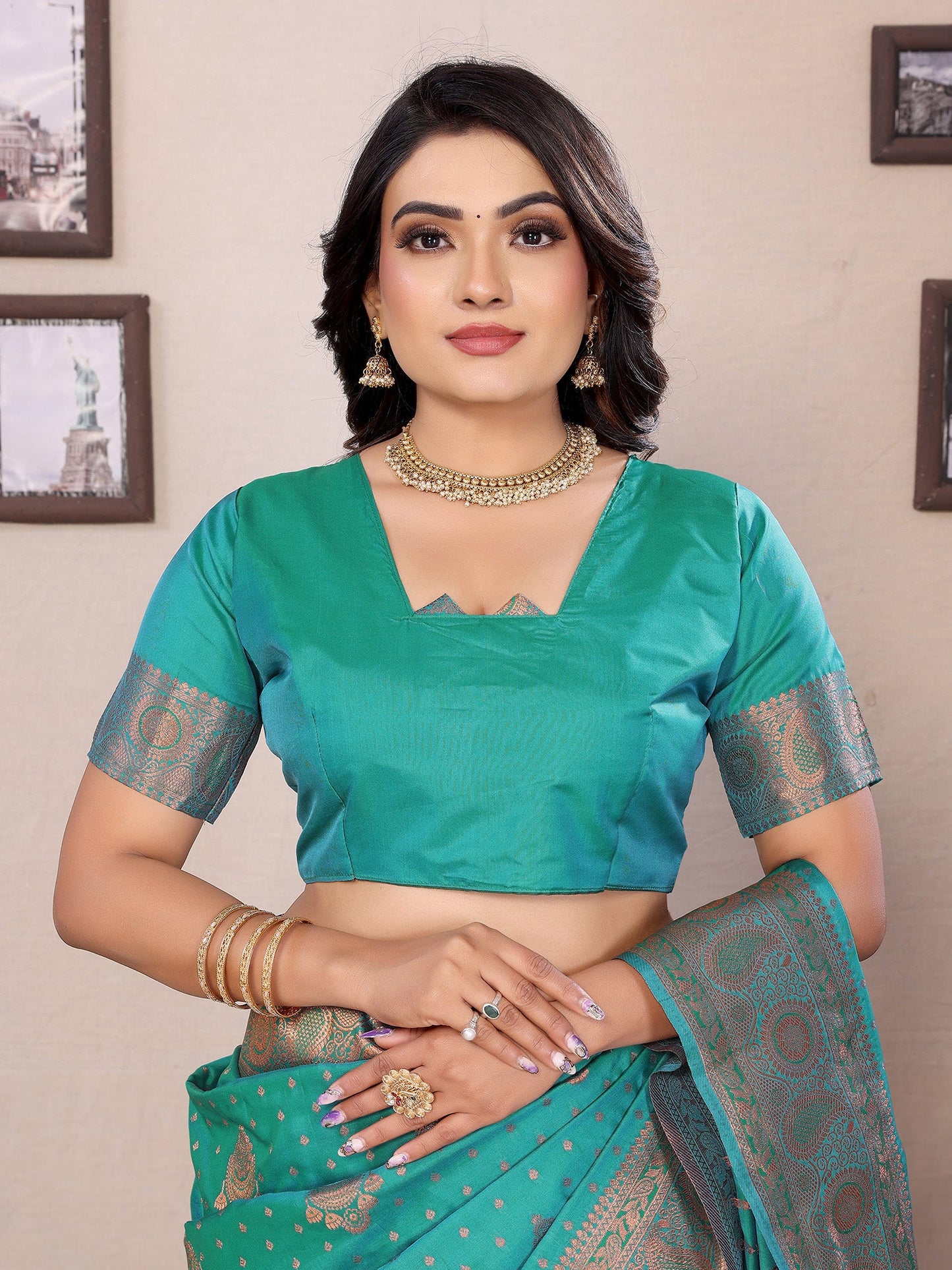 Elora Teal Green Soft Silk Woven Copper Zari Weaving Banarasi Saree With Contrast Blouse