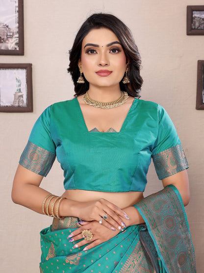 Elora Teal Green Soft Silk Woven Copper Zari Weaving Banarasi Saree With Contrast Blouse