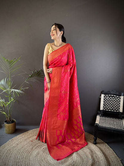 Elora Hot Pink Soft Silk Woven Copper Zari Weaving Banarasi Saree With Contrast Blouse