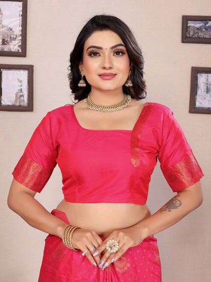 Elora Hot Pink Soft Silk Woven Copper Zari Weaving Banarasi Saree With Contrast Blouse