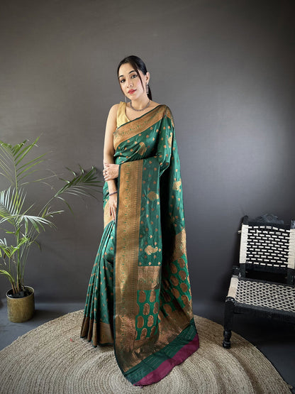 Elora Dark Green Soft Silk Woven Copper Zari Weaving Banarasi Saree With Contrast Blouse