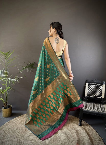 Elora Dark Green Soft Silk Woven Copper Zari Weaving Banarasi Saree With Contrast Blouse