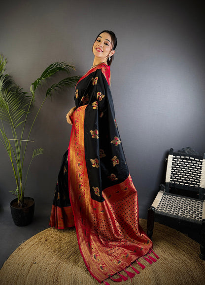 Elora Black Soft Silk Floral Butta Zari Weaving Banarasi With Peacock Zari Weaving Border