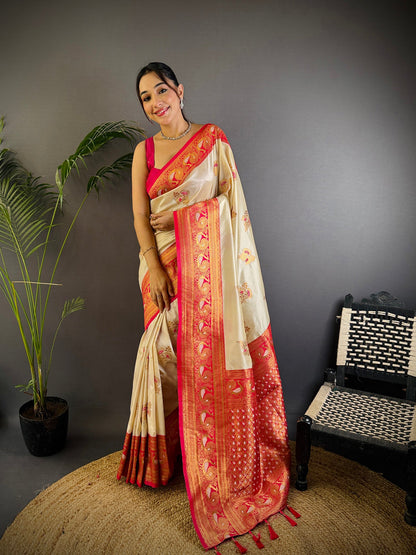 Elora White Soft Silk Floral Butta Zari Weaving Banarasi With Peacock Zari Weaving Border