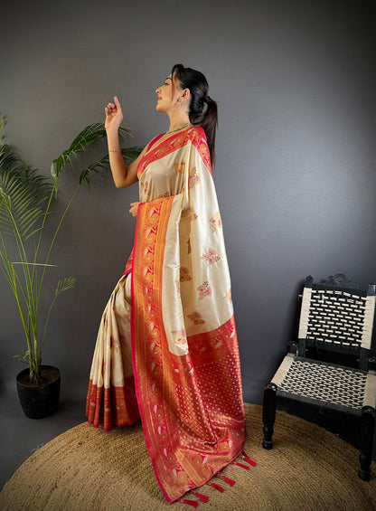 Elora White Soft Silk Floral Butta Zari Weaving Banarasi With Peacock Zari Weaving Border